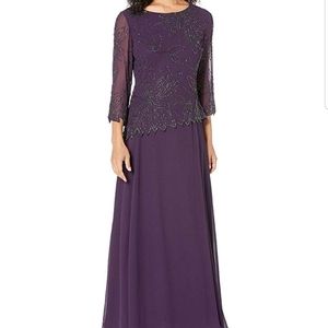 J Kara Women's 3/4 Floral Beaded Pop Over Gown